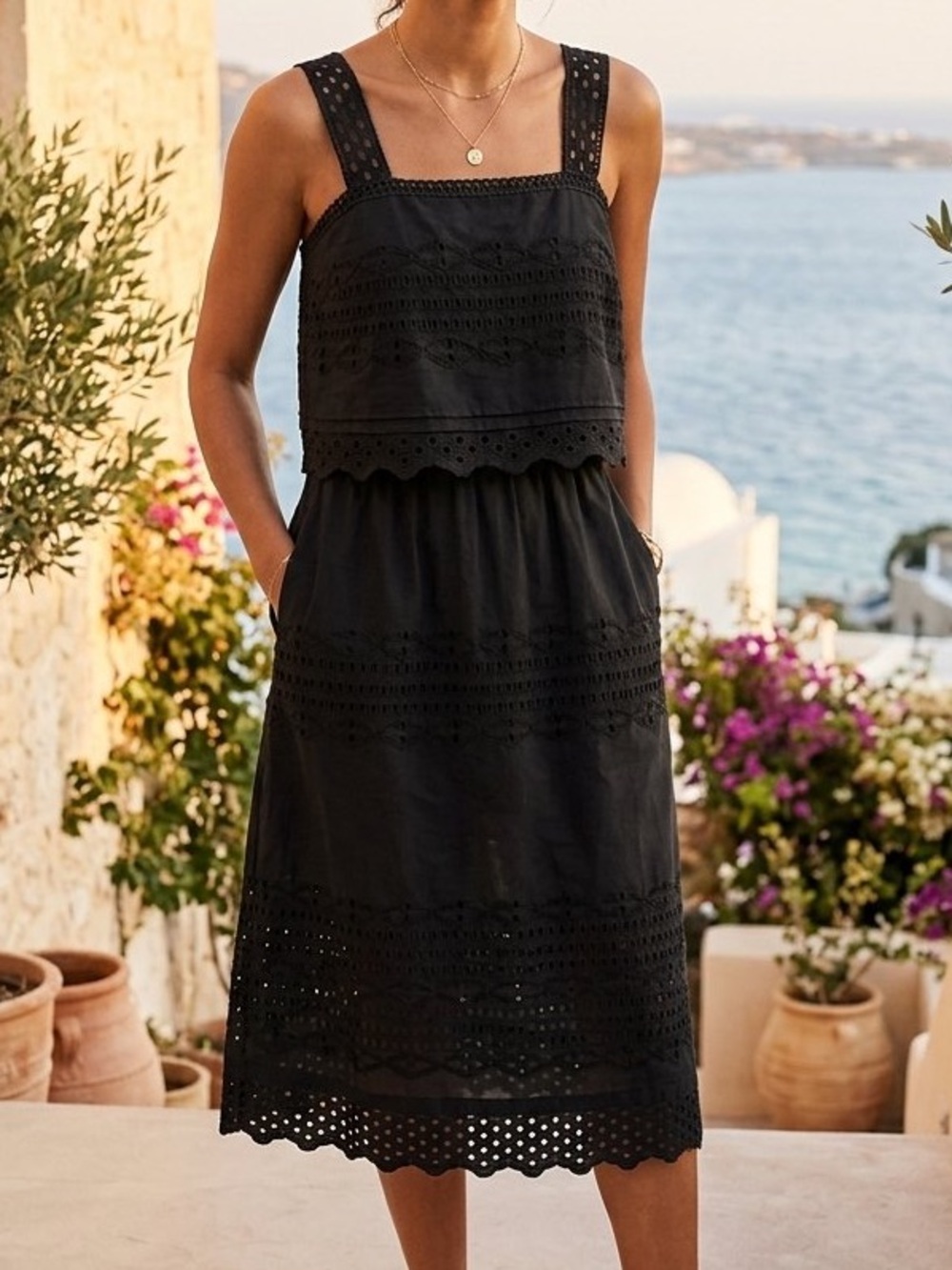 J. Crew Sundress Black Eyelet Midi Popover Dress Bodice Embroidered Boho Size 4